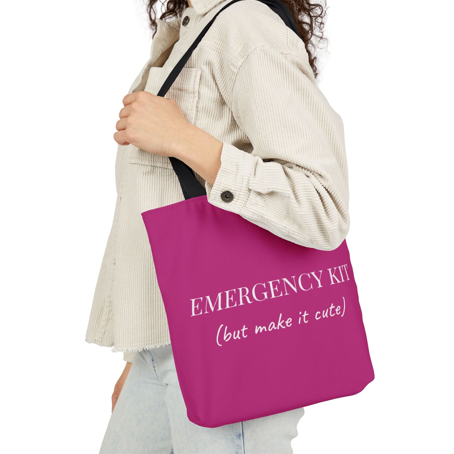 Cute pink wedding day emergency kit bag designed by a bride, featuring white bold text and stylish black strap