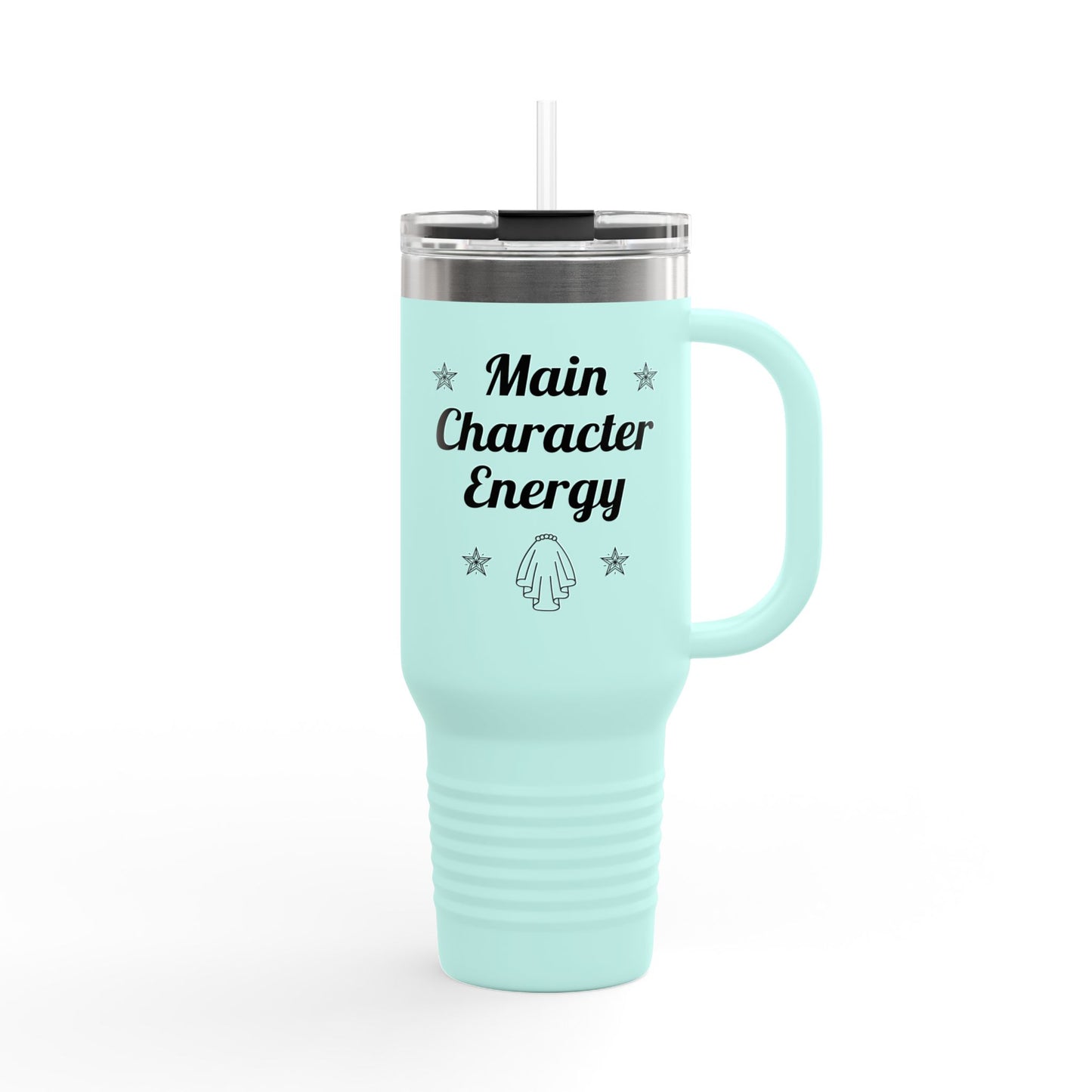 Teal insulated 40oz Main Character Energy tumbler with black lettering, bridal travel mug with straw and lid, shown on white backdrop