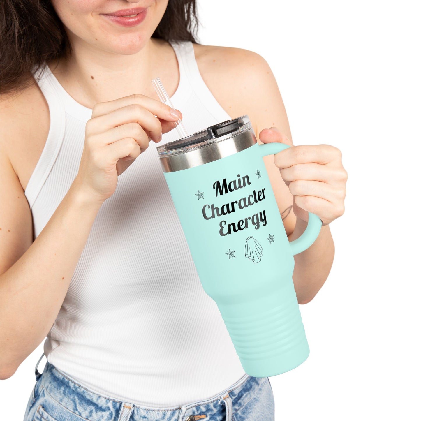Bride holding teal Main Character Energy tumbler with straw and lid, insulated 40oz cup for brides staying hydrated while planning