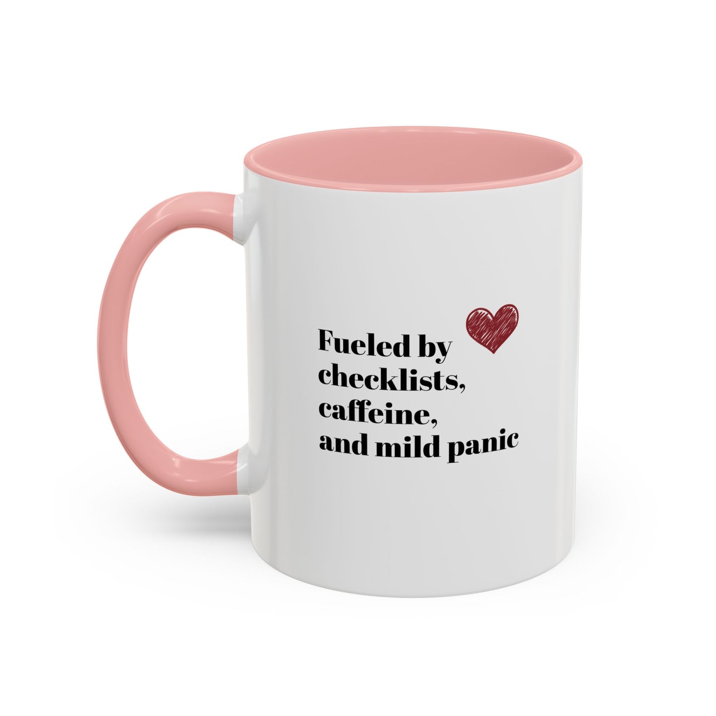 11 oz white ceramic mug with pink handle and interior, featuring bold 'Bride Mode: Caffeinated' text and cute scribbled heart