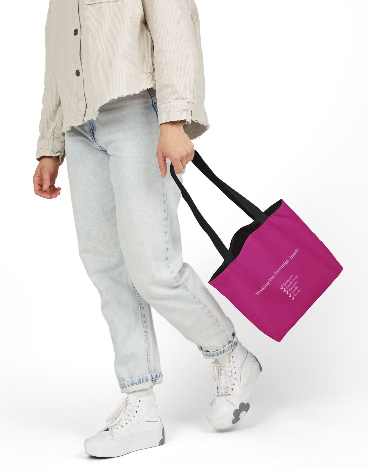 Bold white text on pink wedding emergency kit bag, created by a former bride to keep your big day stress-free