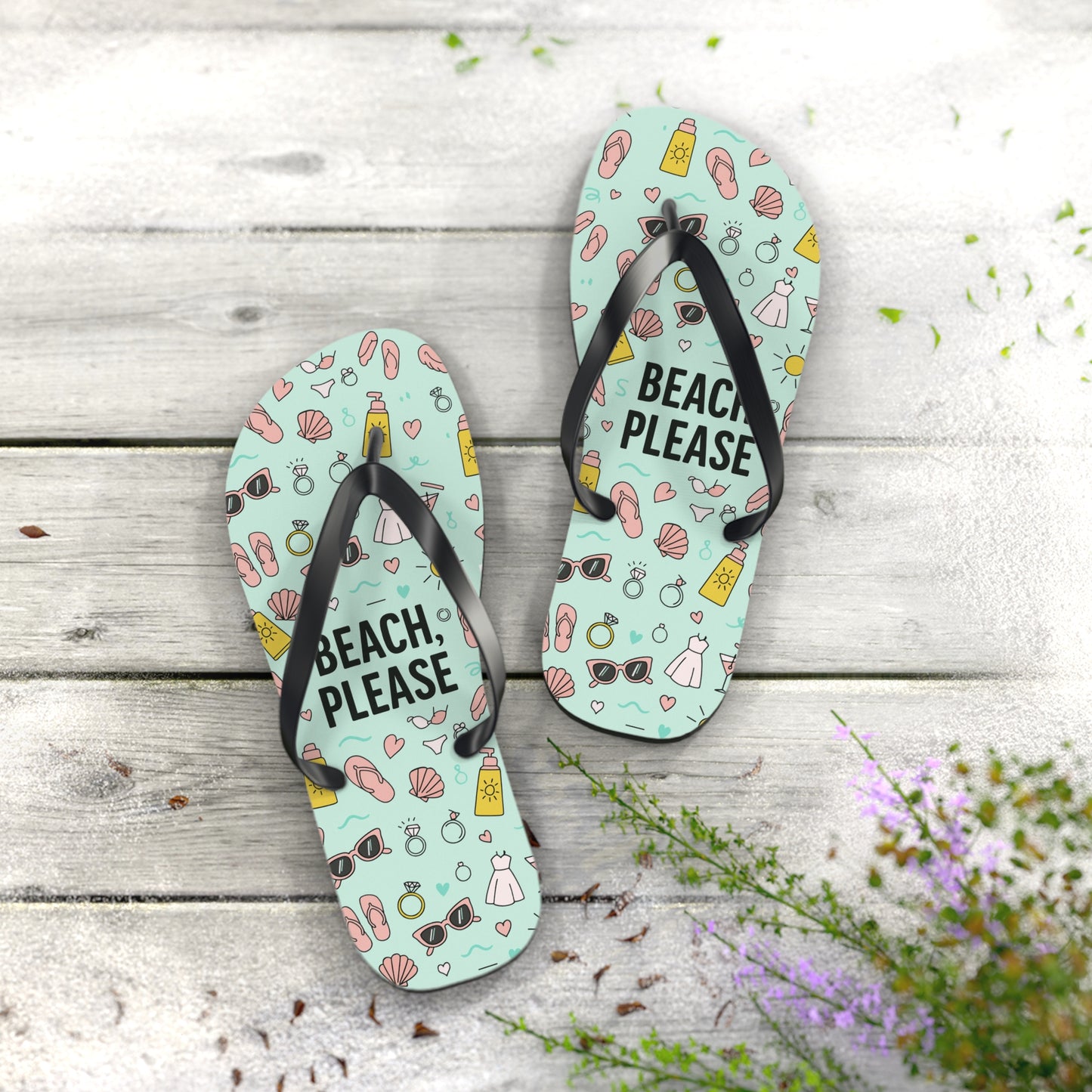 Teal Beach Please flip flops with wedding and bachelorette icons, styled for beach party or bridal weekend getaway