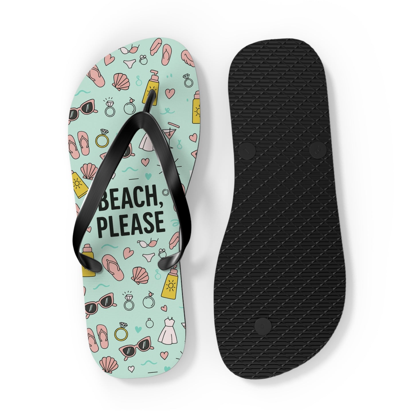 Pair of Beach Please flip flops for bachelorette parties, teal sandals with a black sole with fun beach and bridal-themed pattern on clean white background