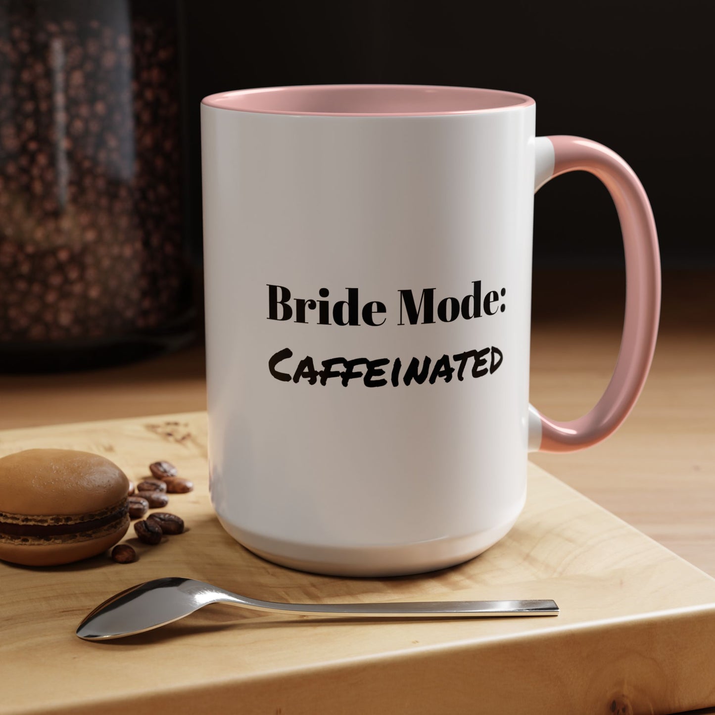 Large bridal mug for caffeine-loving brides, 15 oz capacity with pink accents and fun bold typography
