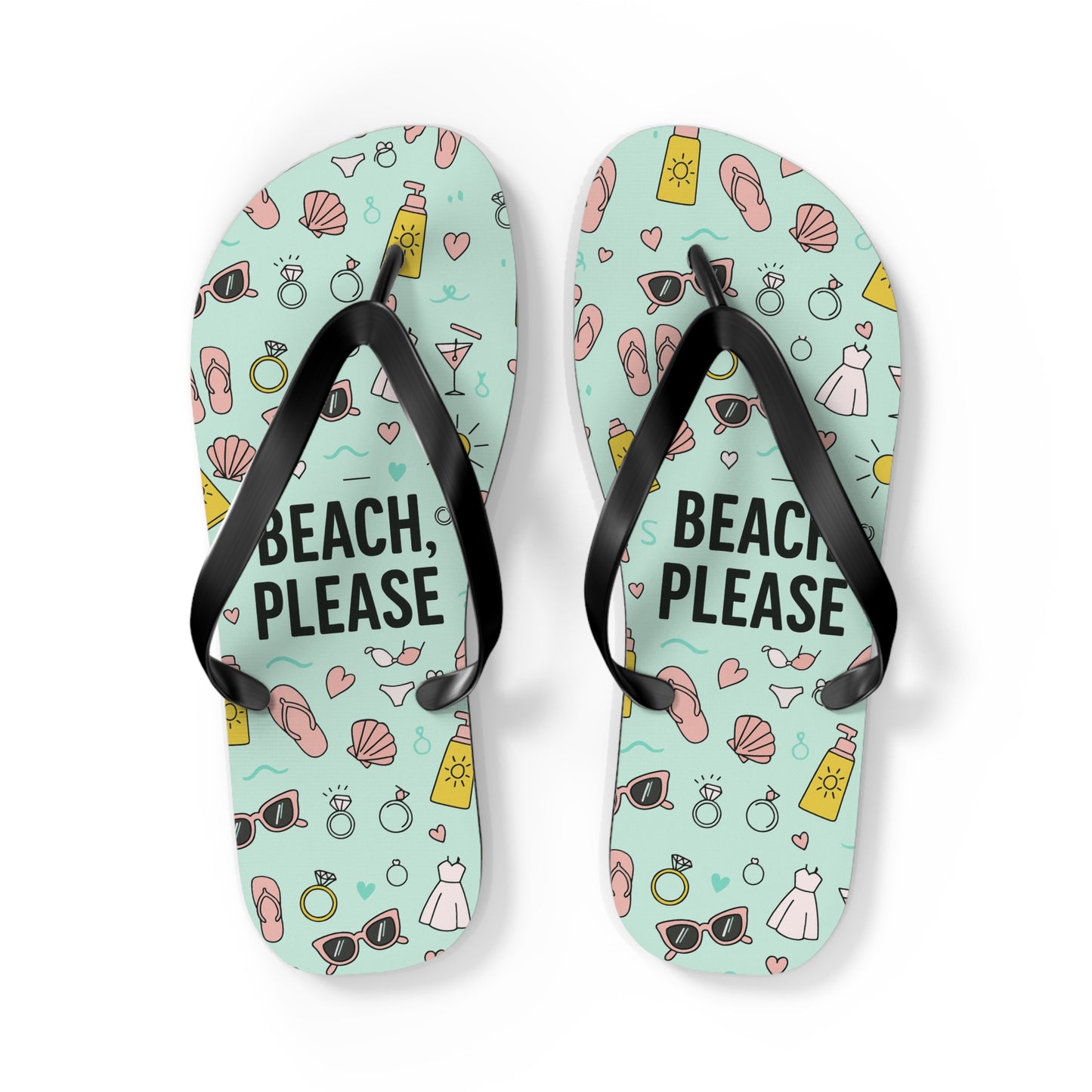 Top view of teal Beach Please flip flops, bridal bachelorette sandals with ring, sunglasses, and shell design on white background