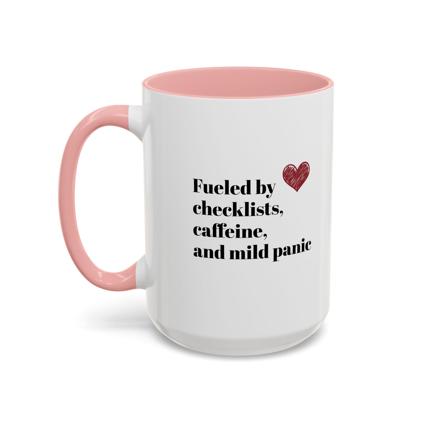 15 oz oversized white coffee mug with pink handle and inside, reads 'Bride Mode: Caffeinated' with hand-drawn heart detail