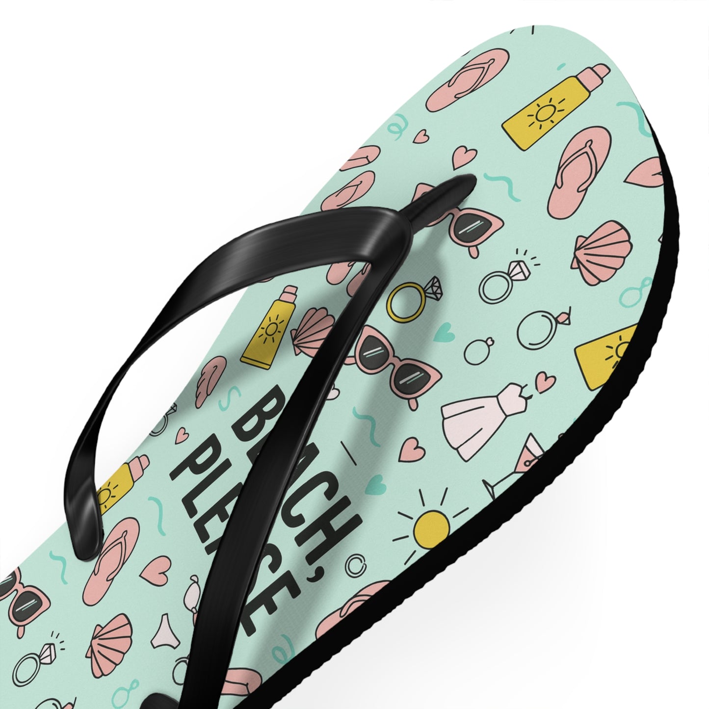 Side angle of teal bachelorette flip flops with playful Beach Please text and summer wedding icons, displayed on white background