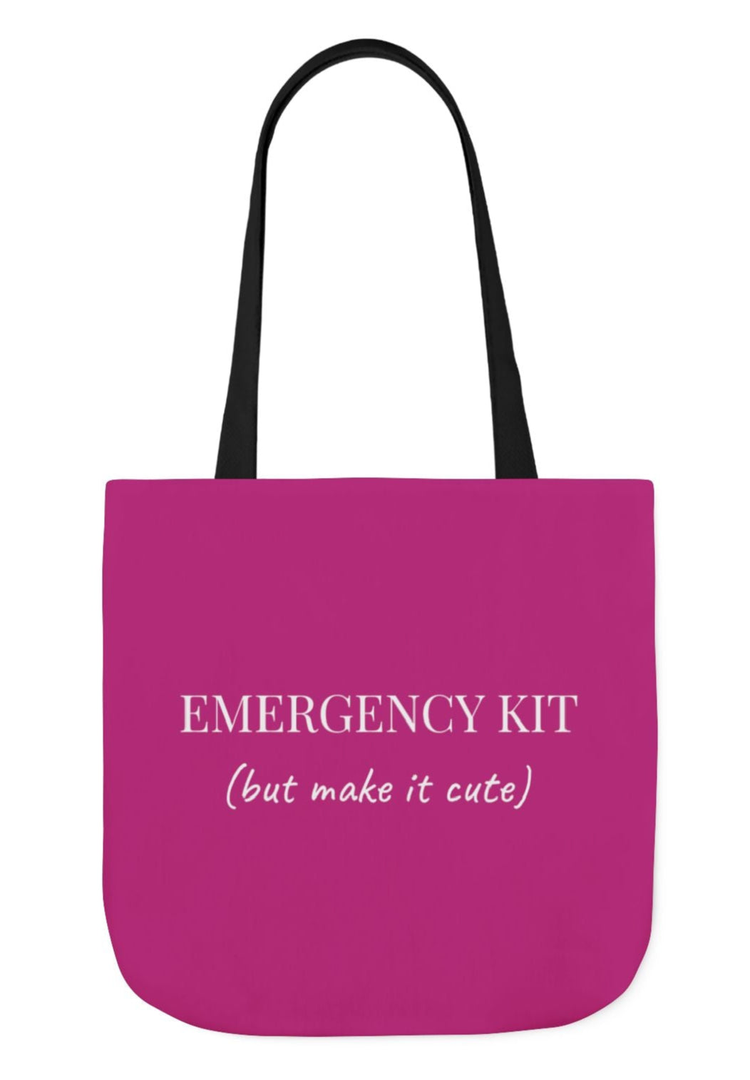 Bright pink bridal emergency kit bag with bold white lettering, black shoulder strap, perfect for wedding day essentials
