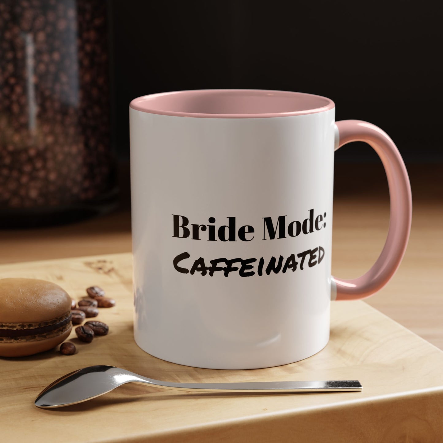 Funny bridal coffee mug for brides, 11 oz size with pink accents and bold lettering—perfect for engagement mornings
