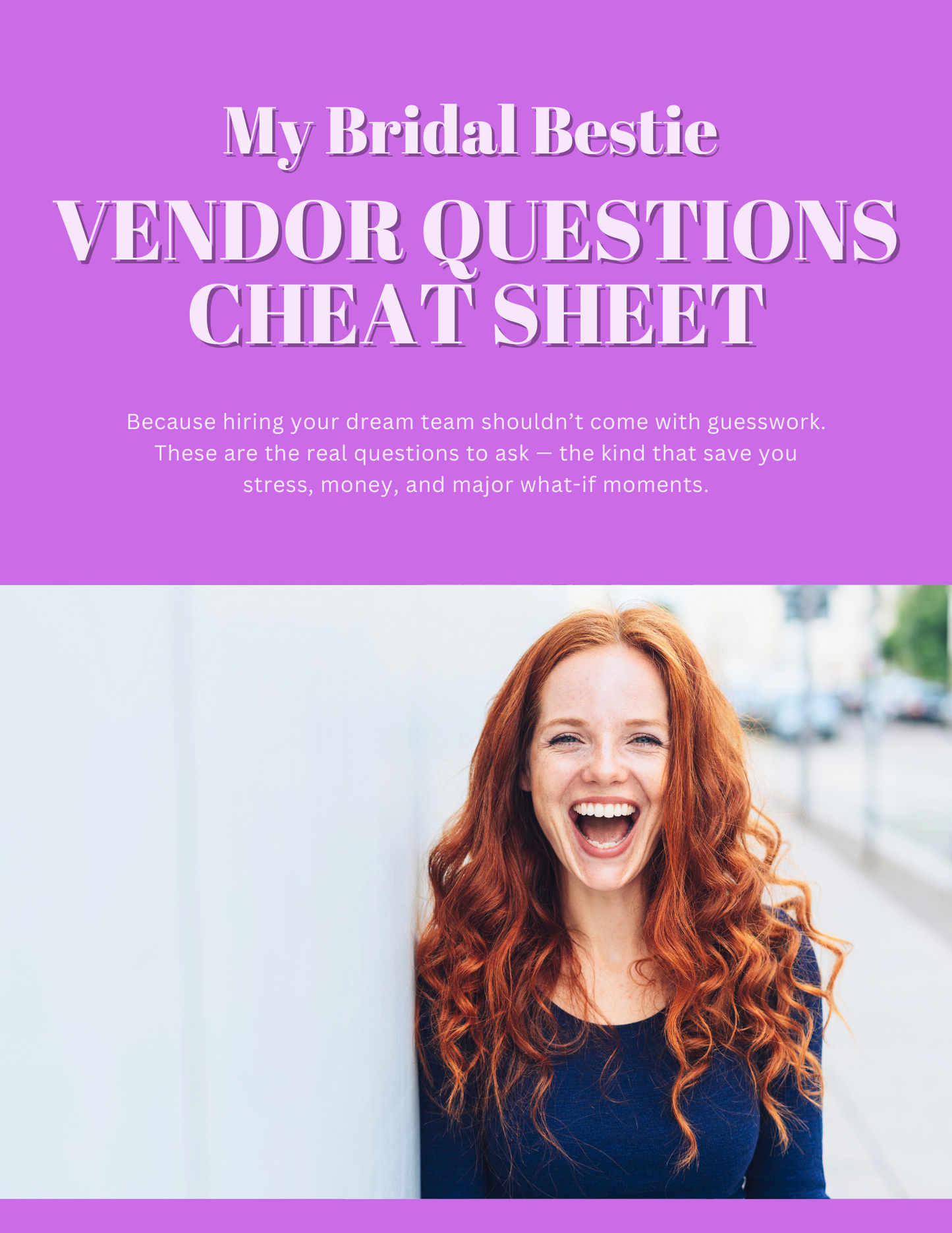 Cover image of Vendor Questions Cheat Sheet PDF, a wedding planning guide with must-ask questions for every vendor